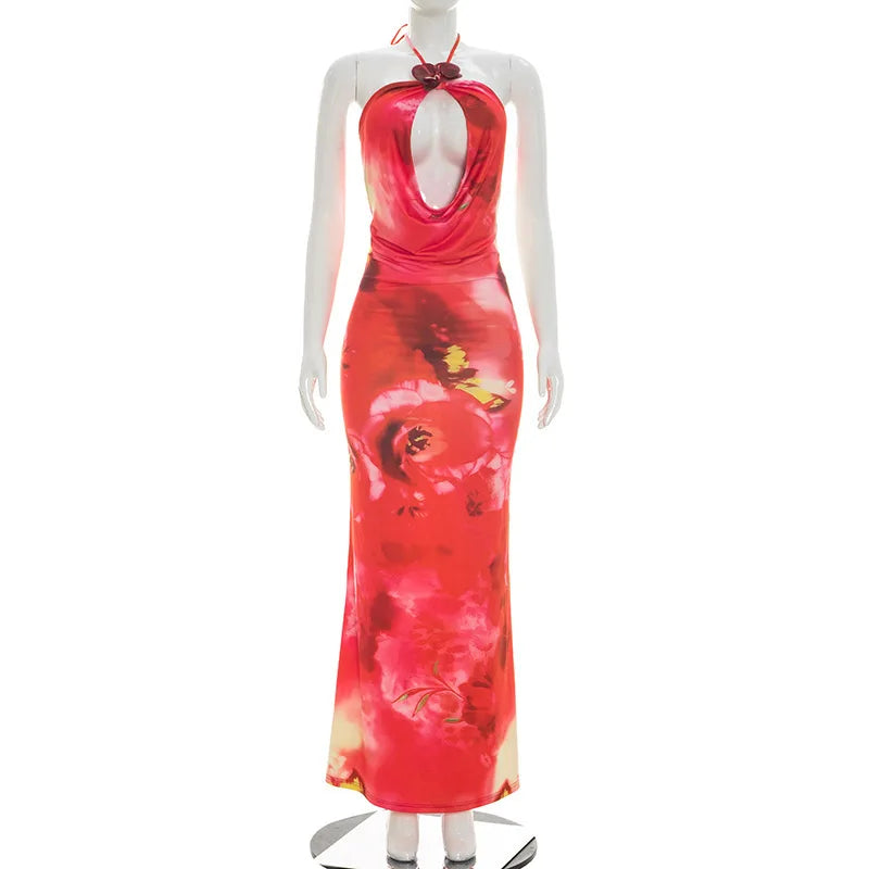 Women's Floral Print Backless Cutout Maxi Dress