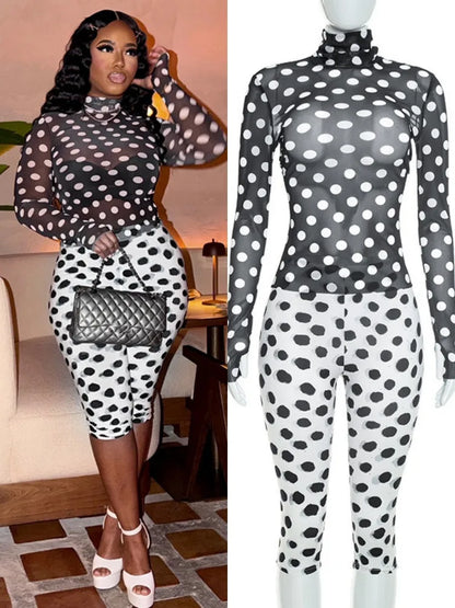 Women's Polka Dot Mesh Long Sleeve Two Piece Set - Detail View 7