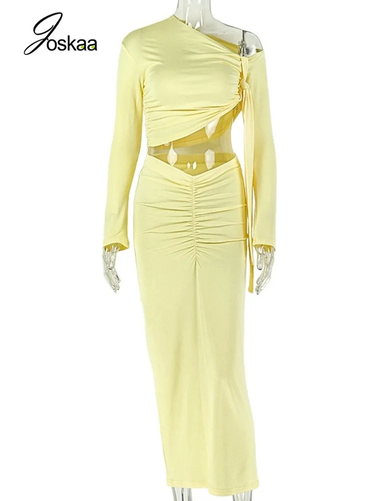 Women's Ruched Long Sleeve Maxi Two Piece Set Yellow – Back View