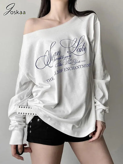 Women's Letter Print Short Sleeve Oversized Top Long Sleeve Tops – Side View