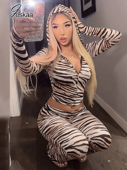 Women's Zebra Print Zip Up Long Sleeve High Waist Two Piece Set - Side View