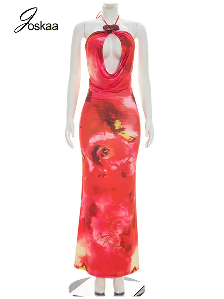 Women's Floral Print Backless Cutout Maxi Dress Red – Back View