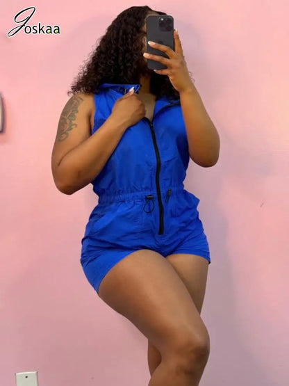Wholesale Women's Sleeveless Zip Hooded Romper Blue – Side View