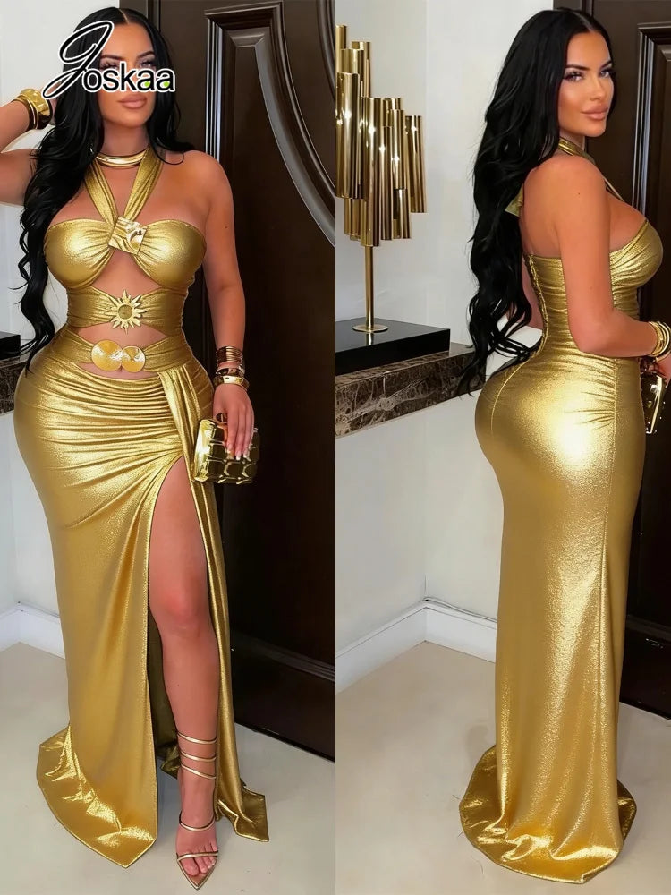 Women's Ruched Cutout Halter Bodycon Maxi Dress - Detail View 2