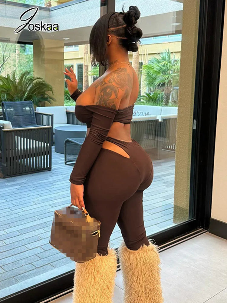 Women's Cutout Long Sleeve Crop Two Piece Set Brown – Side View