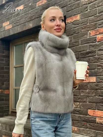 Women's Sleeveless Furry Vests High Jacket Gray – Front View