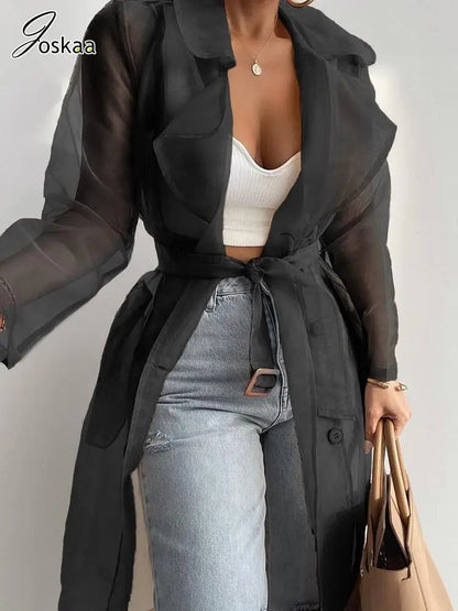 Women's Long Sleeve Solid Organza Lapel Jacket khaki – Side View