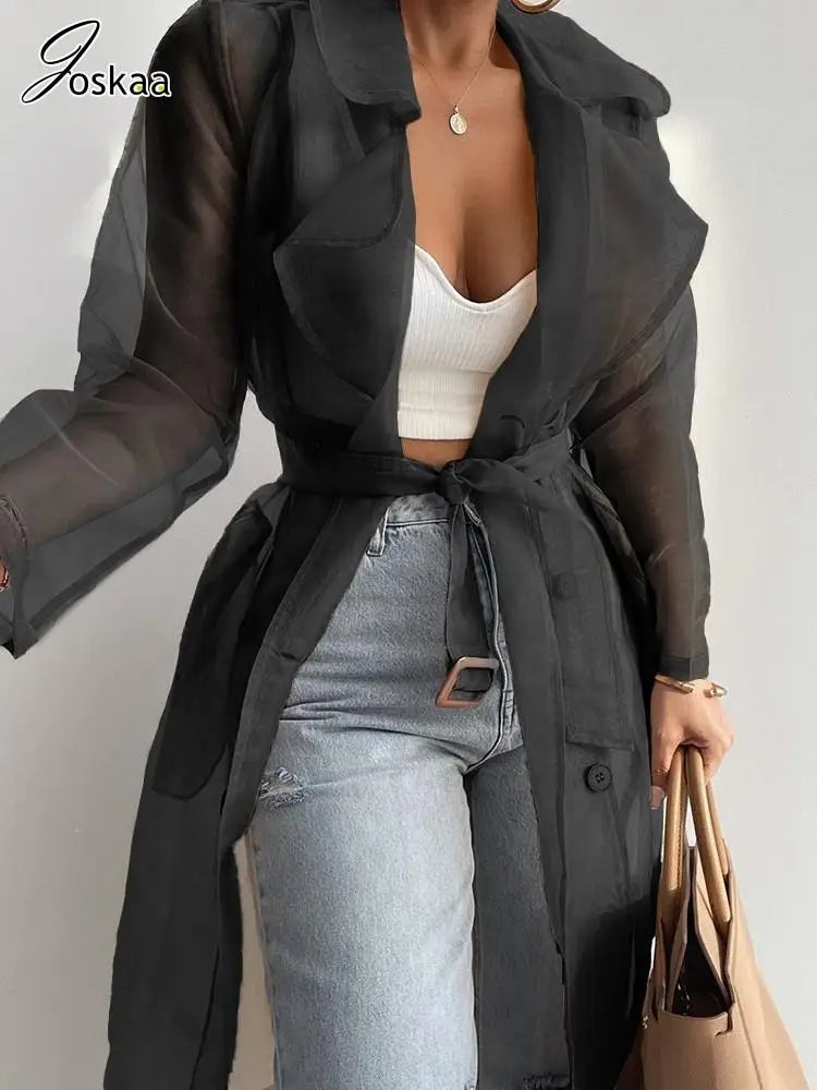 Women's Long Sleeve Solid Organza Lapel Jacket khaki – Side View