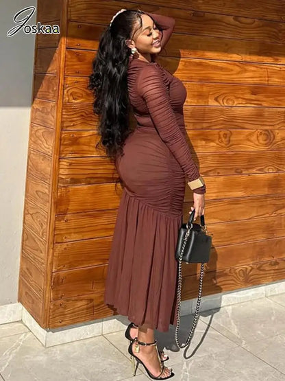 Women's Mesh Long Sleeve Bodycon Maxi Dress Black – Front View