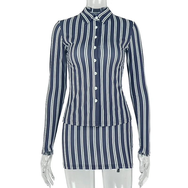 Women's Stripe Long Sleeve Mini Two Piece Set