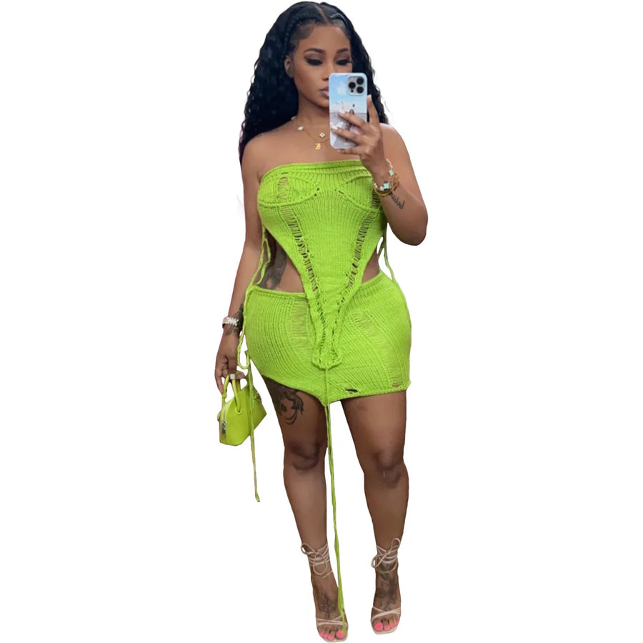 Women's Ribbed Knit Strapless One Shoulder Two Piece Set - Additional View 9