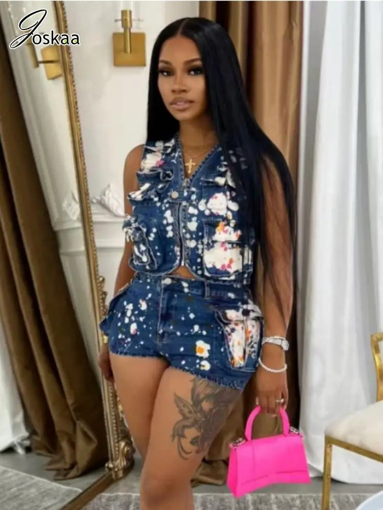 Women's Denim Sleeveless Crop Two Piece Set Blue – Front View