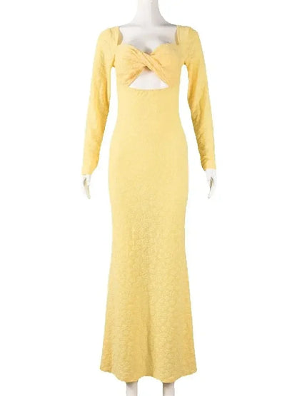 Joskaa Long Sleeve Bodycon Dress Elegant Jacquard Yellow - bodycon dress image 5