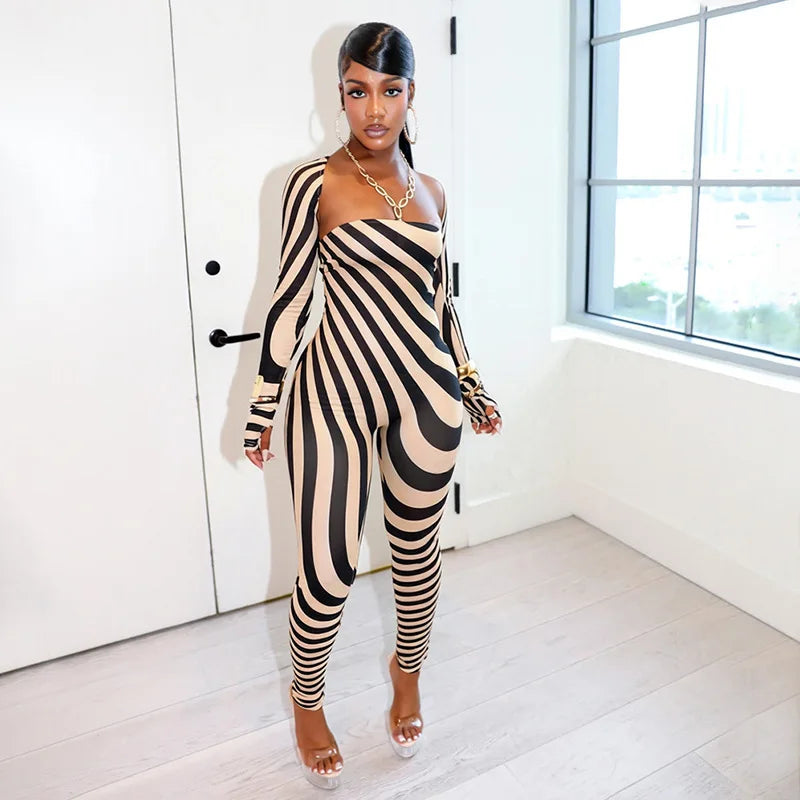 Women's Striped Strapless Long Sleeve Bodycon Two Piece Set - Additional View 10