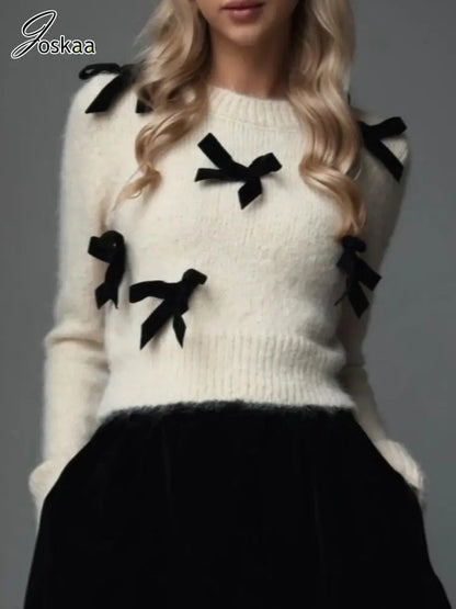 Women's Knit Long Sleeve Ribbed Bowknot Sleeved Top White – Front View