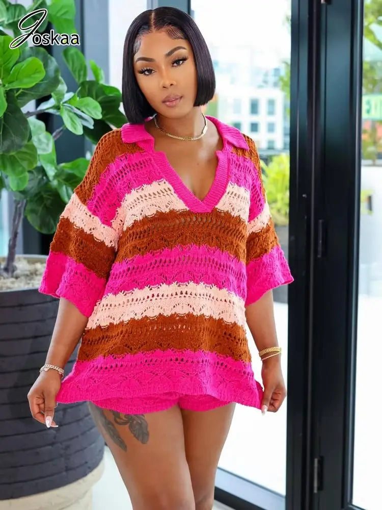 Women's Stripe Knit Short Sleeve Two Piece Set Rose Red – Side View