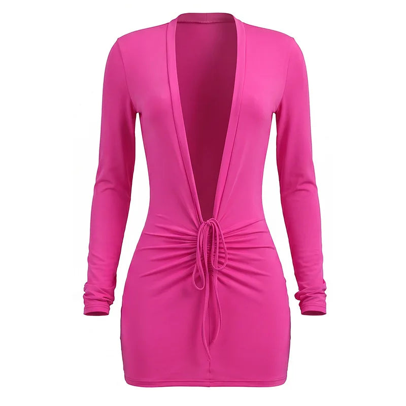 Women's Ruched V-neck Long Sleeve Bodycon Mini Dress - Additional View 7