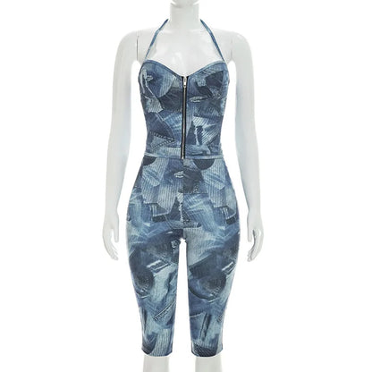 Women's Denim Print Halter Zip Up High Waist Two Piece Set - Additional View 9