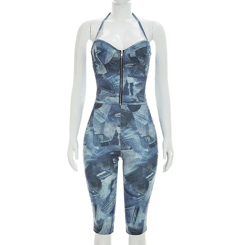 Women's Denim Print Halter Zip Up High Waist Two Piece Set - Additional View 9