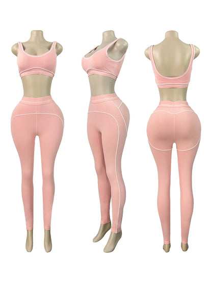 Women's Crop Color Contrast Line Two Piece Set