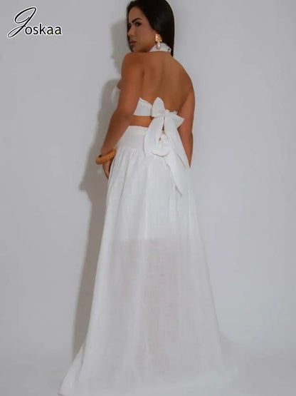Women's Backless Halter Maxi Two Piece Bikini Set White – Back View