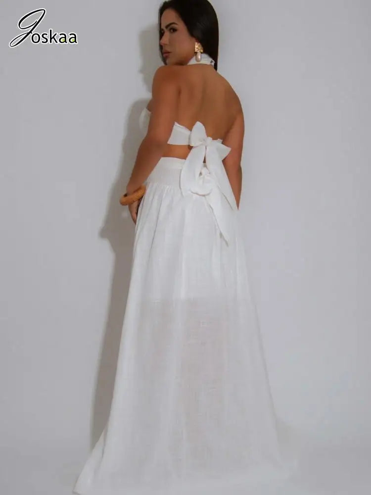 Women's Backless Halter Maxi Two Piece Bikini Set White – Back View