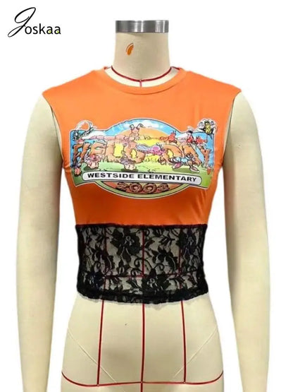 Women's Lace Sleeveless Patchwork T-shirts Top Orange – Detail View