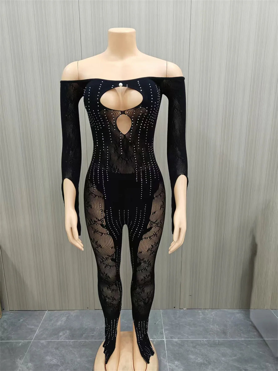 Joskaa Rhinestone Long Sleeve Bodycon Romper - romper image 2