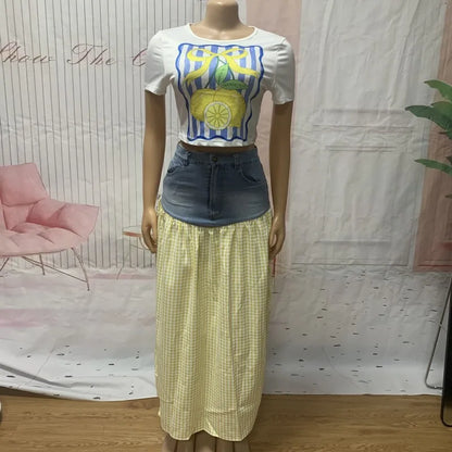Women's Denim Short Sleeve Crop Two Piece Set