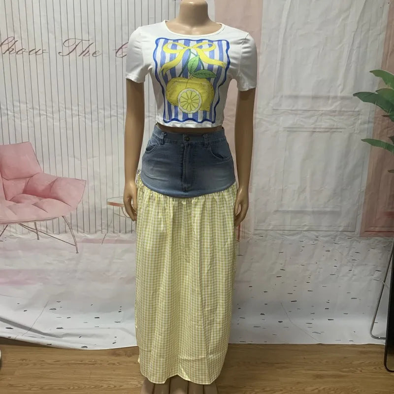 Women's Denim Short Sleeve Crop Two Piece Set