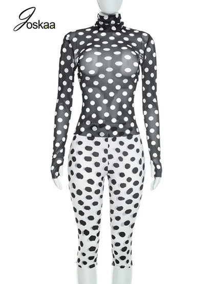 Women's Polka Dot Mesh Long Sleeve Two Piece Set - Detail View 3