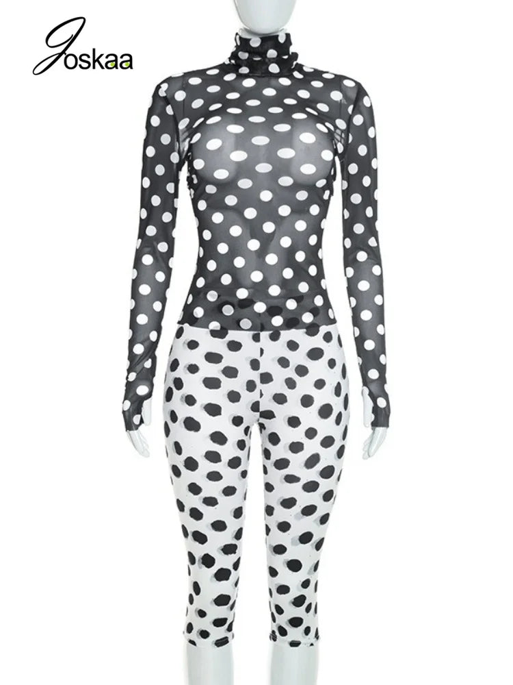 Women's Polka Dot Mesh Long Sleeve Two Piece Set - Detail View 3