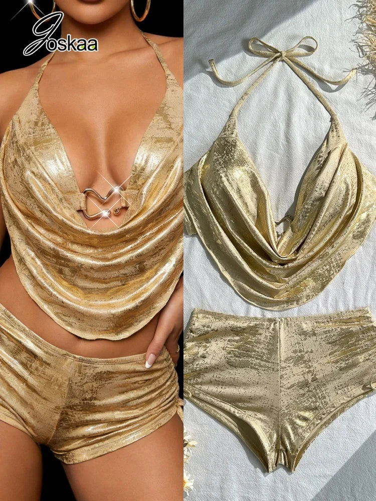 Women's Halter Swimwear Shiny Gold Swimsuit - Women's Fashion Wholesale - Front View