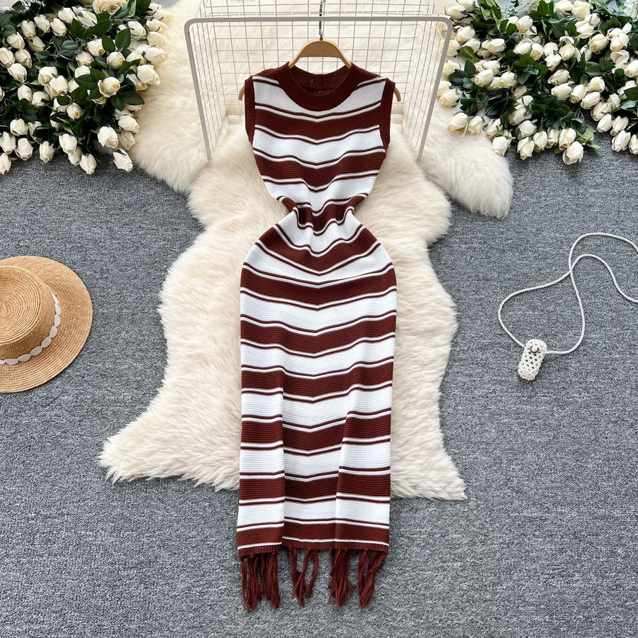Women's Stripe Knit Sleeveless Bodycon Dress