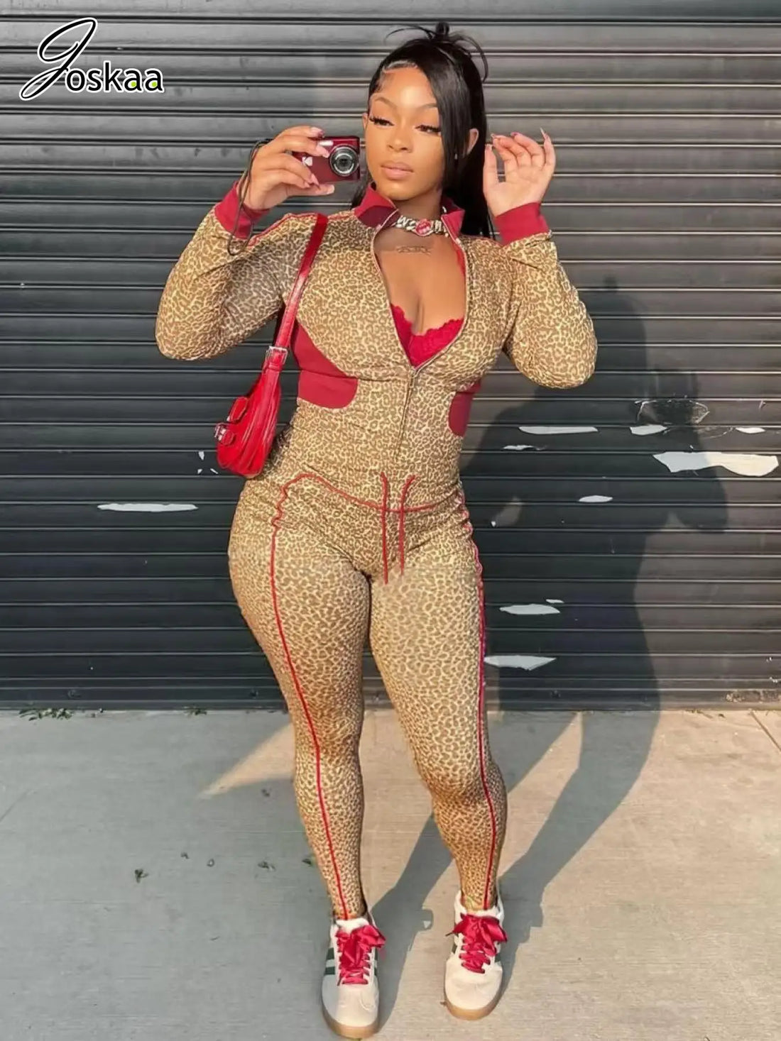 Women's Leopard Print Long Sleeve Two Piece Set Khaki – Front View
