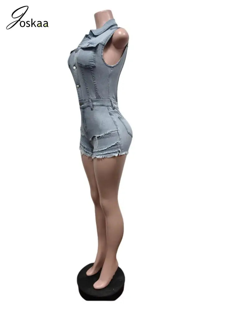 Wholesale Women's Denim Sleeveless Bodycon Romper Light Blue – Back View