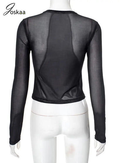Women's Mesh Long Sleeve T-shirts Round Top Black – Detail View