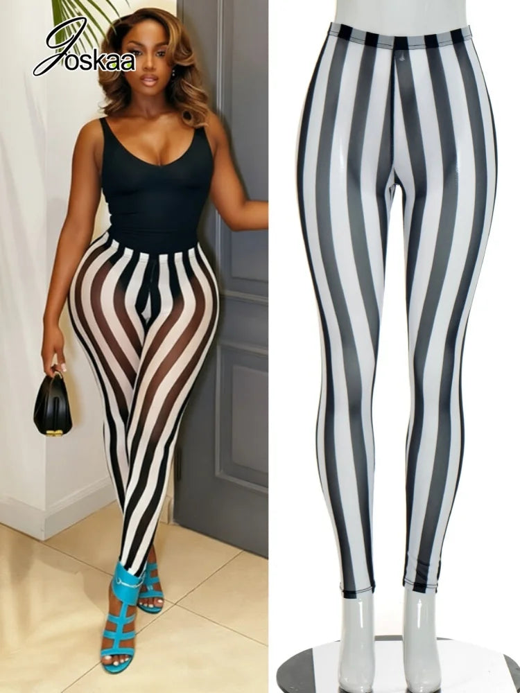 Women's Striped Mesh Bodycon Pants Vertical Stripe Leggings - Women's Fashion Wholesale - Front View