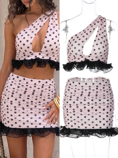 Women's Polka Dot Ruched Cutout One Shoulder Two Piece Set - Additional View 8
