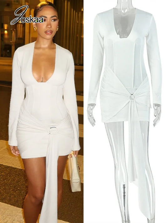 Women's Ruched V-neck Long Sleeve Bodycon Mini Dress White - Front View