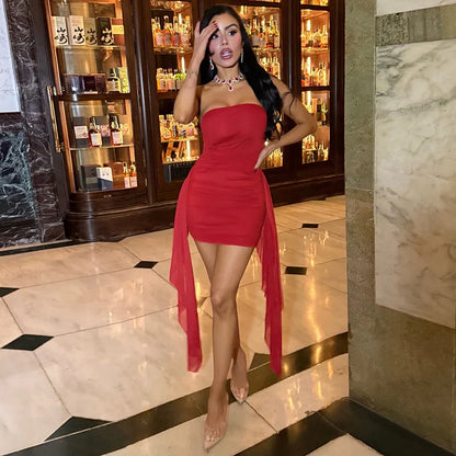 Women's Mesh Ruched Backless Strapless Mini Dress
