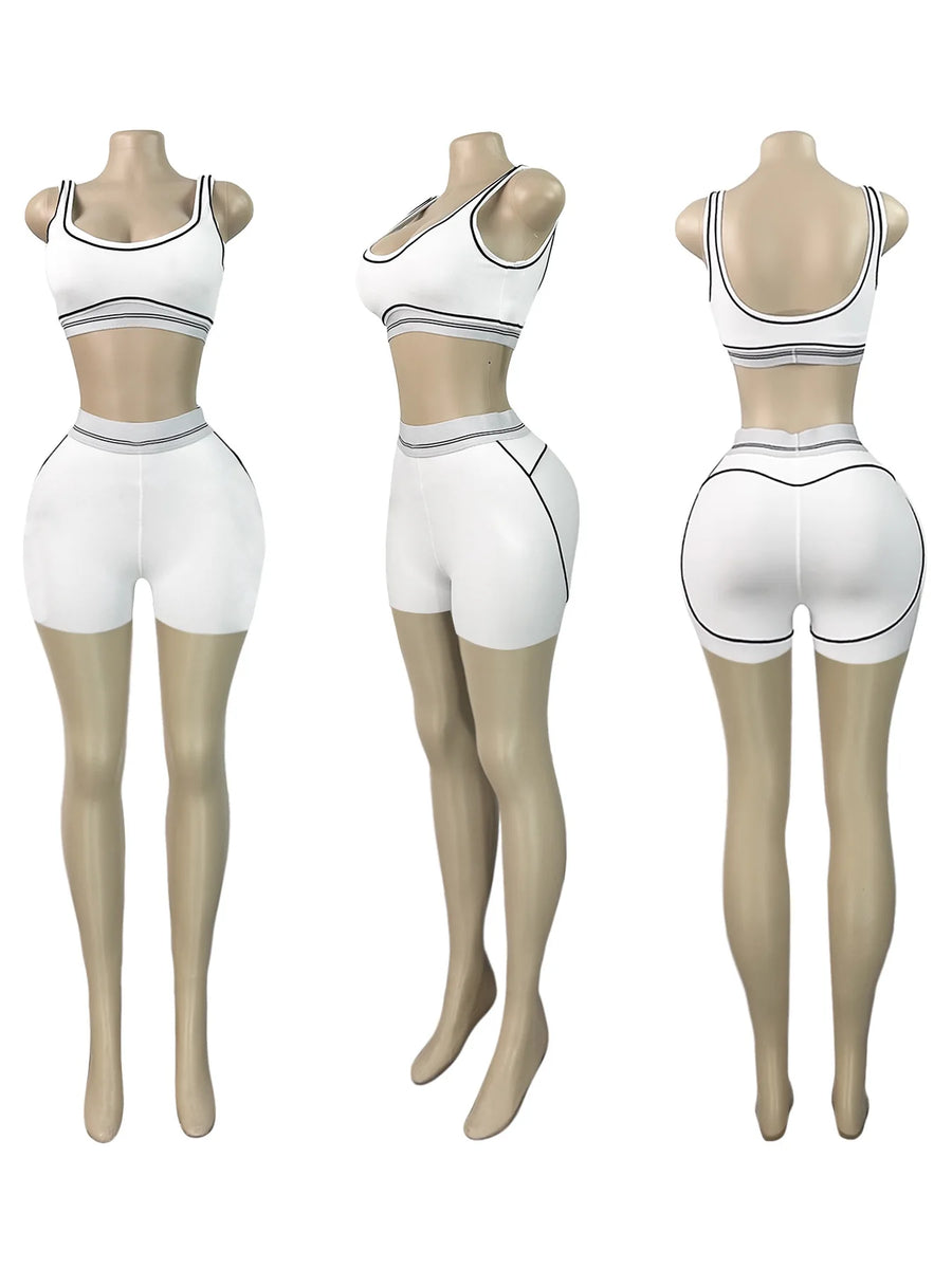 Women's Crop Color Contrast Line Two Piece Set