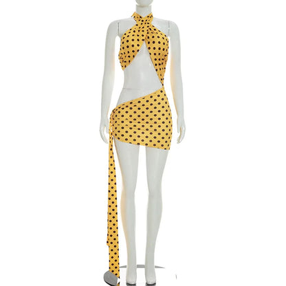 Women's Polka Dot Backless Cutout Halter Mini Dress