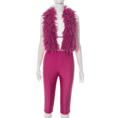 Women's Halter Faux Fur Tie-up Two Piece Set