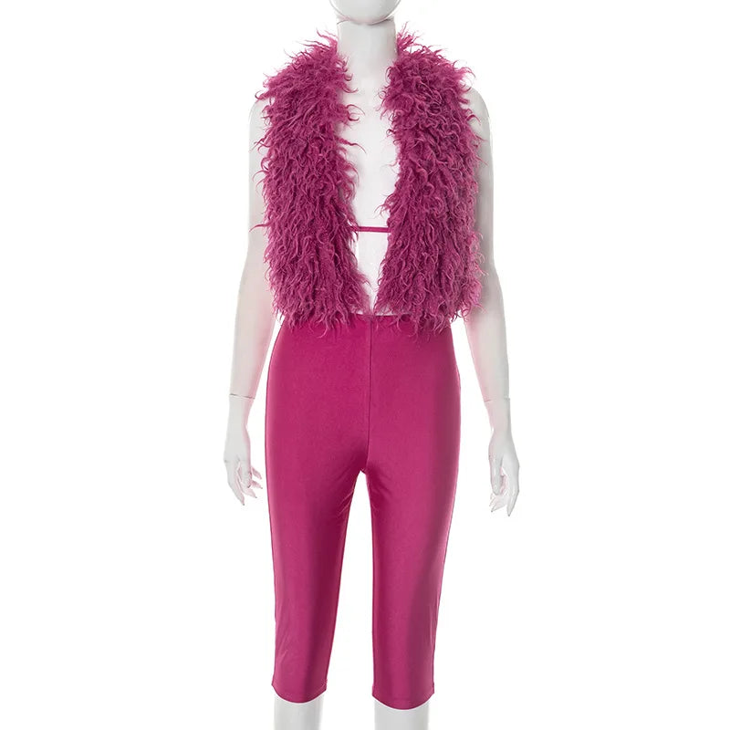 Women's Halter Faux Fur Tie-up Two Piece Set
