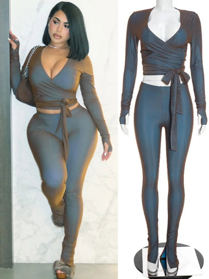 Women's V-neck Long Sleeve High Waist Wide Leg Two Piece Set - Additional View 8