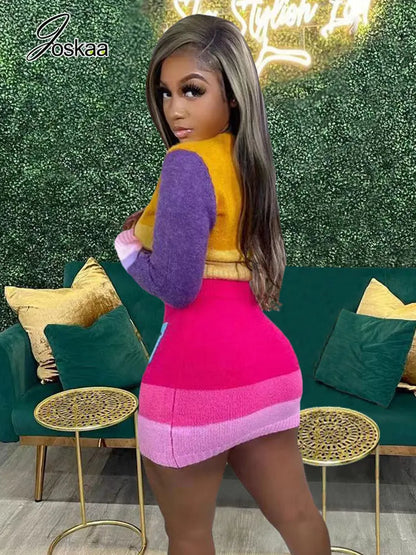 Women's Knit Long Sleeve Mini Two Piece Set yellow pink – Back View