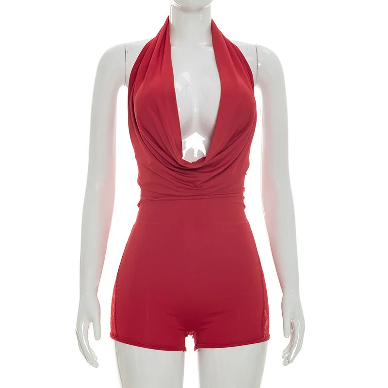 Women's Lace Backless Halter Sleeveless Romper