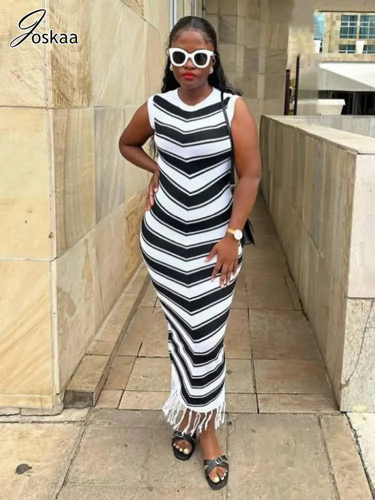 Women's Stripe Knit Sleeveless Bodycon Dress Coffee – Front View
