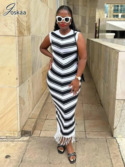 Women's Stripe Knit Sleeveless Bodycon Dress Coffee – Front View